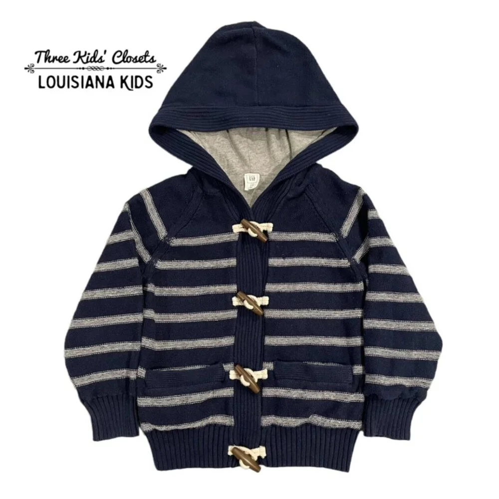 Baby Gap 4Y Navy Blue Striped Hooded Toggle Sweater